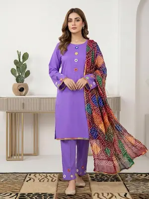 Malai Lawn 3 Piece Dress for Women – Mirror Work Neck & Sleeves, Farshi Shalwar with Mirror Work, Digital Print Chiffon Dupatta | Stitched Pakistani Ladies Suit | Medium Large