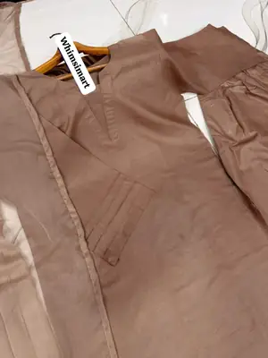 3 Pcs Women's Stitched Cotton Plain Suit thumbnail 2