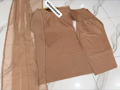 3 Pcs Women's Stitched Cotton Plain Suit thumbnail 3