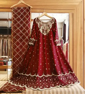 Heavy Embroidered Maxi Dress for Women | Handwork Silk Maxi with Embroidered Dupatta 3PC