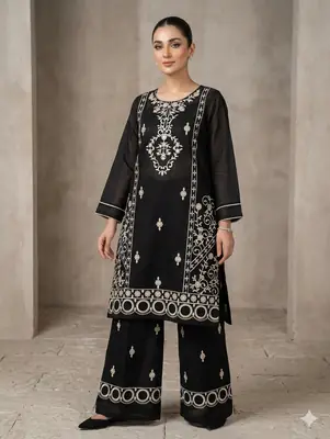 2 Pcs Women's Stitched Cotton Embroidered Shirt And Trouser
