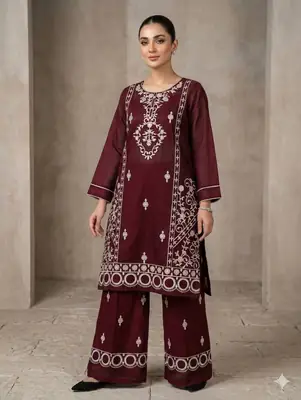2 Pcs Women's Stitched Cotton Embroidered Shirt And Trouser