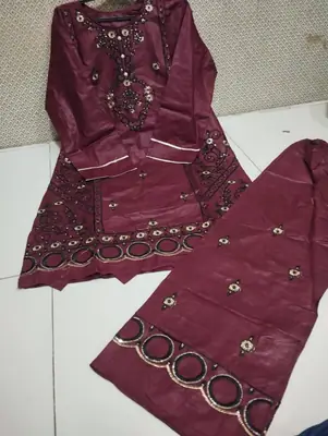 2 Pcs Women's Stitched Cotton Embroidered Shirt And Trouser thumbnail 2