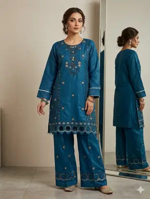 2 Pcs Women's Stitched Cotton Embroidered Shirt And Trouser