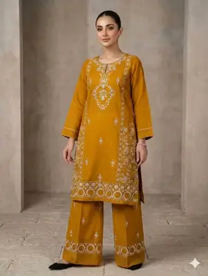 2 Pcs Women's Stitched Cotton Embroidered Shirt And Trouser