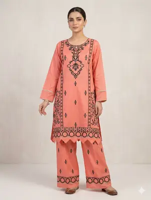 2 Pcs Women's Stitched Cotton Embroidered Shirt And Trouser