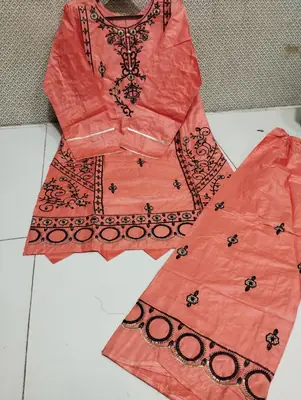 2 Pcs Women's Stitched Cotton Embroidered Shirt And Trouser thumbnail 2