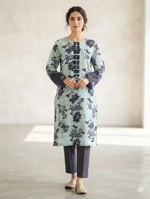 2PC Digital Printed China Silk Stitched Suit for Women – Soft China Silk Shirt & Elastic Trouser | Summer Casual Ready to Wear Dress thumbnail 3