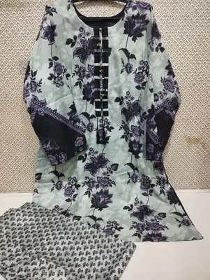 2PC Digital Printed China Silk Stitched Suit for Women – Soft China Silk Shirt & Elastic Trouser | Summer Casual Ready to Wear Dress thumbnail 4