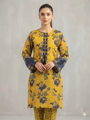 2PC Digital Printed China Silk Stitched Suit for Women – Soft China Silk Shirt & Elastic Trouser | Summer Casual Ready to Wear Dress