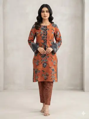 2PC Digital Printed China Silk Stitched Suit for Women – Soft China Silk Shirt & Elastic Trouser | Summer Casual Ready to Wear Dress