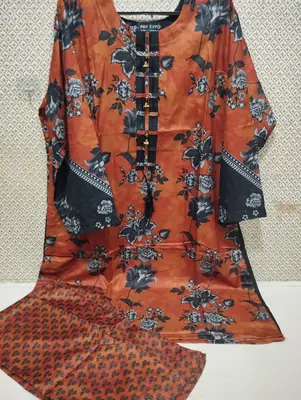 2PC Digital Printed China Silk Stitched Suit for Women – Soft China Silk Shirt & Elastic Trouser | Summer Casual Ready to Wear Dress thumbnail 2