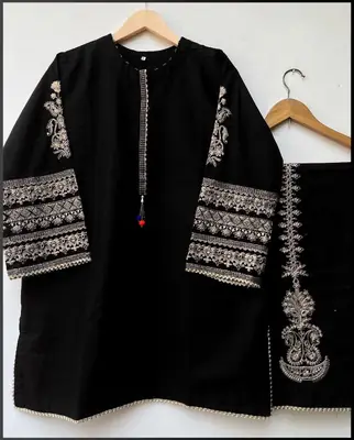 2 Pcs Women's Stitched Silk Embroidered Shirt And Trouser