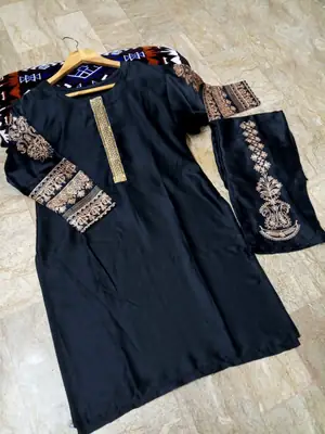 2 Pcs Women's Stitched Silk Embroidered Shirt And Trouser thumbnail 2
