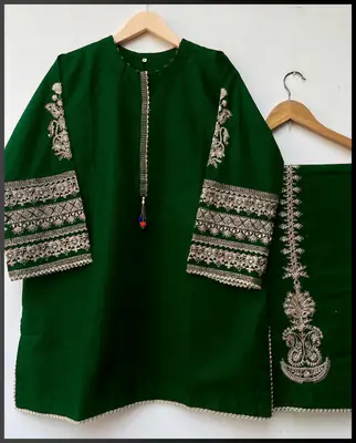2 Pcs Women's Stitched Silk Embroidered Shirt And Trouser
