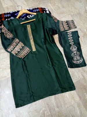 2 Pcs Women's Stitched Silk Embroidered Shirt And Trouser thumbnail 2