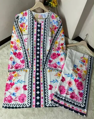 Women's Digital Printed Doria Lawn Cord Set 2PC | Soft Doria Lawn Summer Dress | Casual Printed Co-Ord Set | Stylish Ladies Outfit | Ready to Wear thumbnail 2