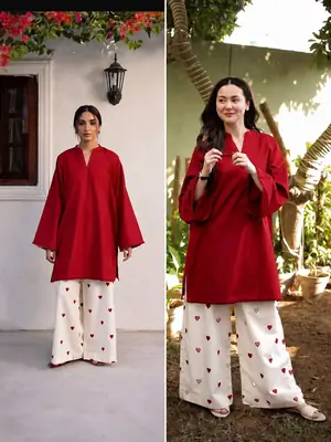 Women's Heart Printed Summer Linen 2 Piece Flapper Suit with V Neck Shirt | Sequence Lace Work | Casual Printed Cord Set | Soft Linen Dress for Women