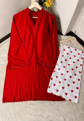 Women's Heart Printed Summer Linen 2 Piece Flapper Suit with V Neck Shirt | Sequence Lace Work | Casual Printed Cord Set | Soft Linen Dress for Women thumbnail 2