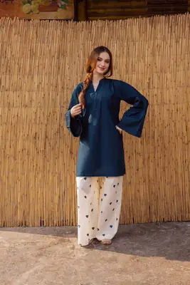 Women's Heart Printed Summer Linen 2 Piece Flapper Suit with V Neck Shirt | Sequence Lace Work | Casual Printed Cord Set | Soft Linen Dress for Women