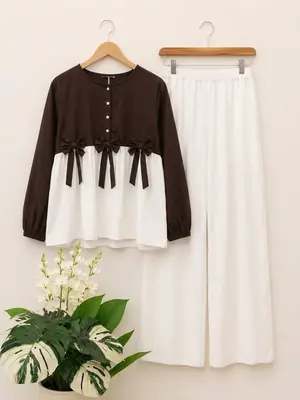 Women Summer Cotton 2 Pcs Frock Shirt & Flapper Set – Front Bow Airline Style Short Frock, Casual Co-Ord Outfit for Women thumbnail 2