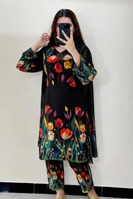 2 Pcs Women's Stitched Lawn Printed Shirt And Trouser