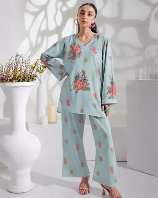 2 Pcs Women's Stitched Lawn Printed Shirt And Trouser