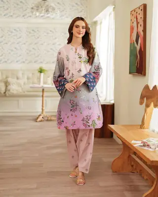 2 Pcs Women's Stitched Lawn Printed Shirt And Trouser