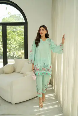 2 Pcs Women's Stitched Lawn Printed Shirt And Trouser