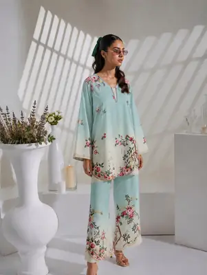 2 Pcs Women's Stitched Lawn Printed Shirt And Trouser