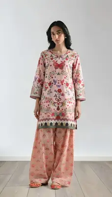 2 Pcs Women's Stitched Lawn Printed Shirt And Trouser