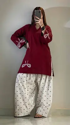 2 Pcs Women's Stitched Cotton Embroidered Shirt And Shalwar 