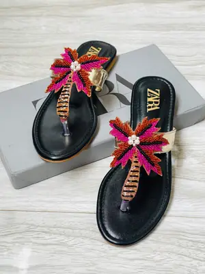 ZARA Embellished Flats for Women – Beaded Palm Leaf Toe Ring Sandals | Stylish Slip-On Casual Summer Flats | Ladies Fashion Sandals with Brand Box thumbnail 2