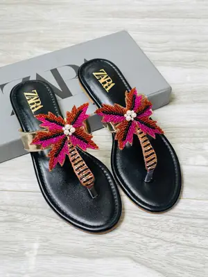 ZARA Embellished Flats for Women – Beaded Palm Leaf Toe Ring Sandals | Stylish Slip-On Casual Summer Flats | Ladies Fashion Sandals with Brand Box thumbnail 3