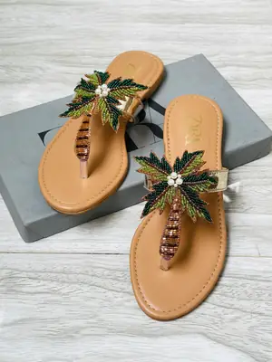 ZARA Embellished Flats for Women – Beaded Palm Leaf Toe Ring Sandals | Stylish Slip-On Casual Summer Flats | Ladies Fashion Sandals with Brand Box thumbnail 2