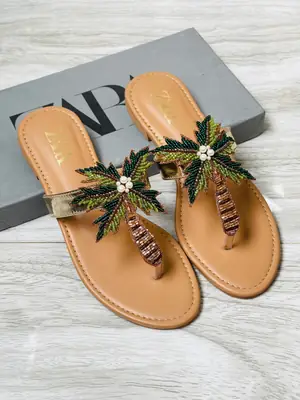 ZARA Embellished Flats for Women – Beaded Palm Leaf Toe Ring Sandals | Stylish Slip-On Casual Summer Flats | Ladies Fashion Sandals with Brand Box thumbnail 3