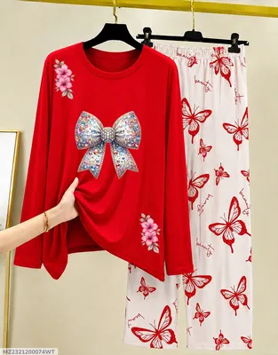 Women Red Butterfly Printed Night Suit 2Pc Cotton Jersey thumbnail 1
