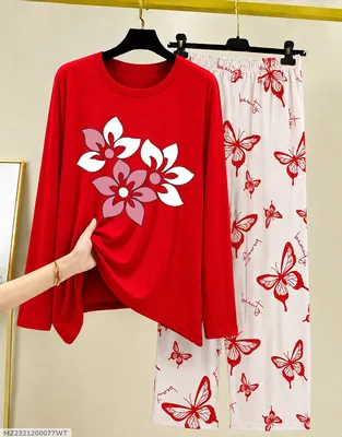 Women Red Printed Night Suit Cotton Jersey 2-Piece Set