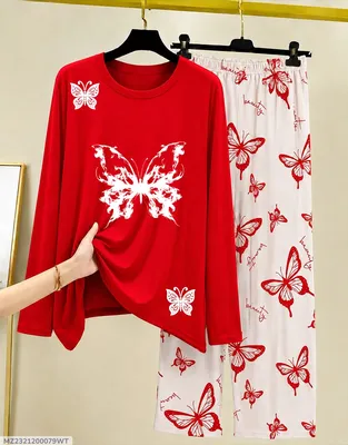 Women Red Butterfly Printed Night Suit 2-Piece Cotton Jersey thumbnail 1