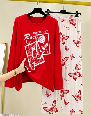 Women Red Butterfly Printed Night Suit 2Pc Cotton Jersey thumbnail 1