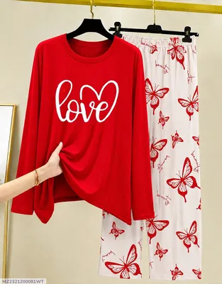 Women Red Butterfly Printed Night Suit Cotton Jersey 28"