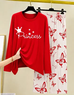 Red Printed Night Suit for Women Cotton Jersey 28"
