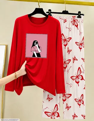 Women Red Printed Night Suit 2Pc Cotton Jersey