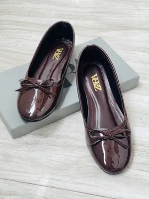 ZARA Flats Pumps for Women – Patent Leather Bow Ballet Flats | Round Toe Slip-On Casual, Office & Party Shoes | Sizes 36-42 | With Brand Box thumbnail 2