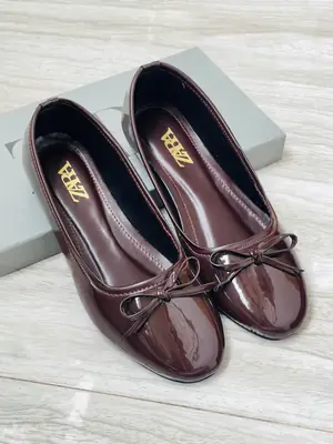 ZARA Flats Pumps for Women – Patent Leather Bow Ballet Flats | Round Toe Slip-On Casual, Office & Party Shoes | Sizes 36-42 | With Brand Box thumbnail 3