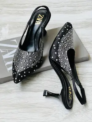 ZARA Stone Heels for Women – Rhinestone Slingback Pointed Toe Party Heels with Brand Box thumbnail 2