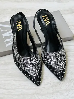 ZARA Stone Heels for Women – Rhinestone Slingback Pointed Toe Party Heels with Brand Box thumbnail 3