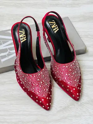 ZARA Stone Heels for Women – Rhinestone Slingback Pointed Toe Party Heels with Brand Box thumbnail 2