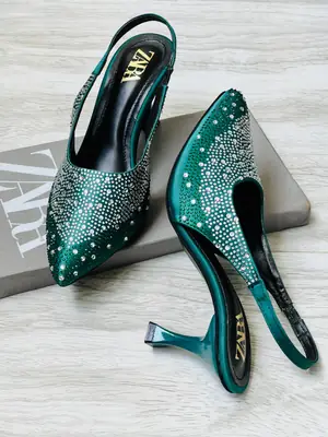 ZARA Stone Heels for Women – Rhinestone Slingback Pointed Toe Party Heels with Brand Box thumbnail 2