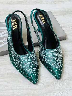 ZARA Stone Heels for Women – Rhinestone Slingback Pointed Toe Party Heels with Brand Box thumbnail 3